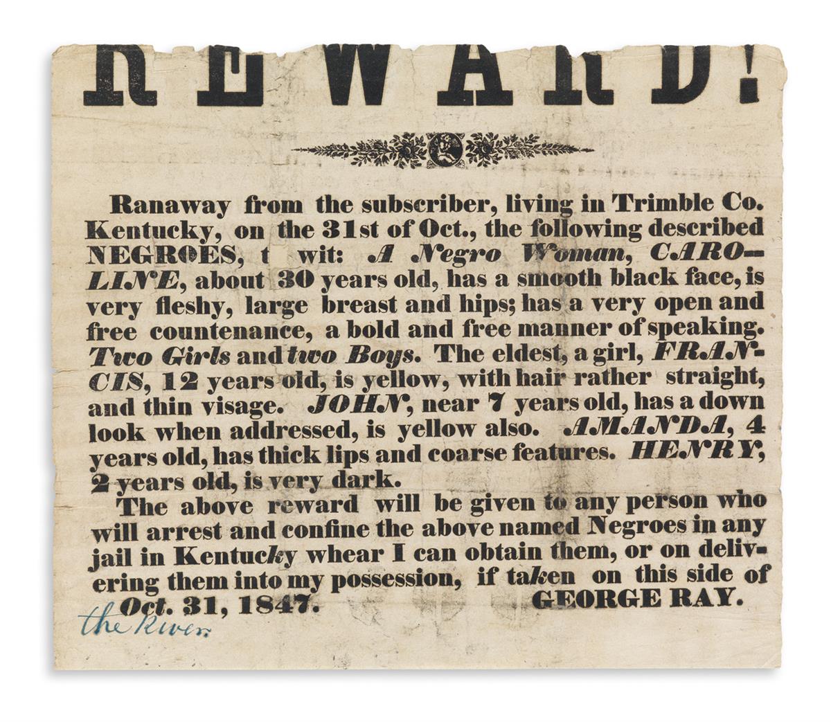 (SLAVERY AND ABOLITION.) Runaway reward notice for an important case.